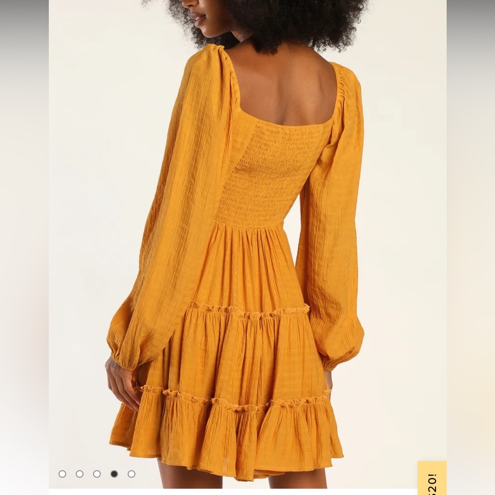 NWT- LULUs Tender Memories Yellow Tiered Ruffled Balloon Sleeve Mini Dress. L - Picture 4 of 13